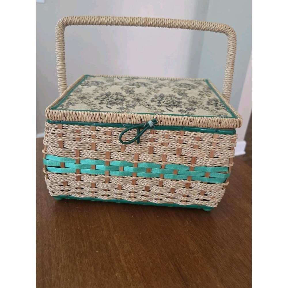 Vtg Penneys Fashions Tapestry Sewing Box With Handle Wicker Organizer Crafts‎
